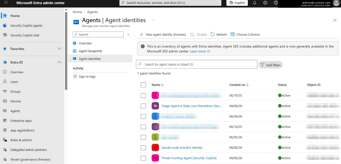 Entra admin center > Entra ID > Agents > Agent identities — the agent identity inventory.