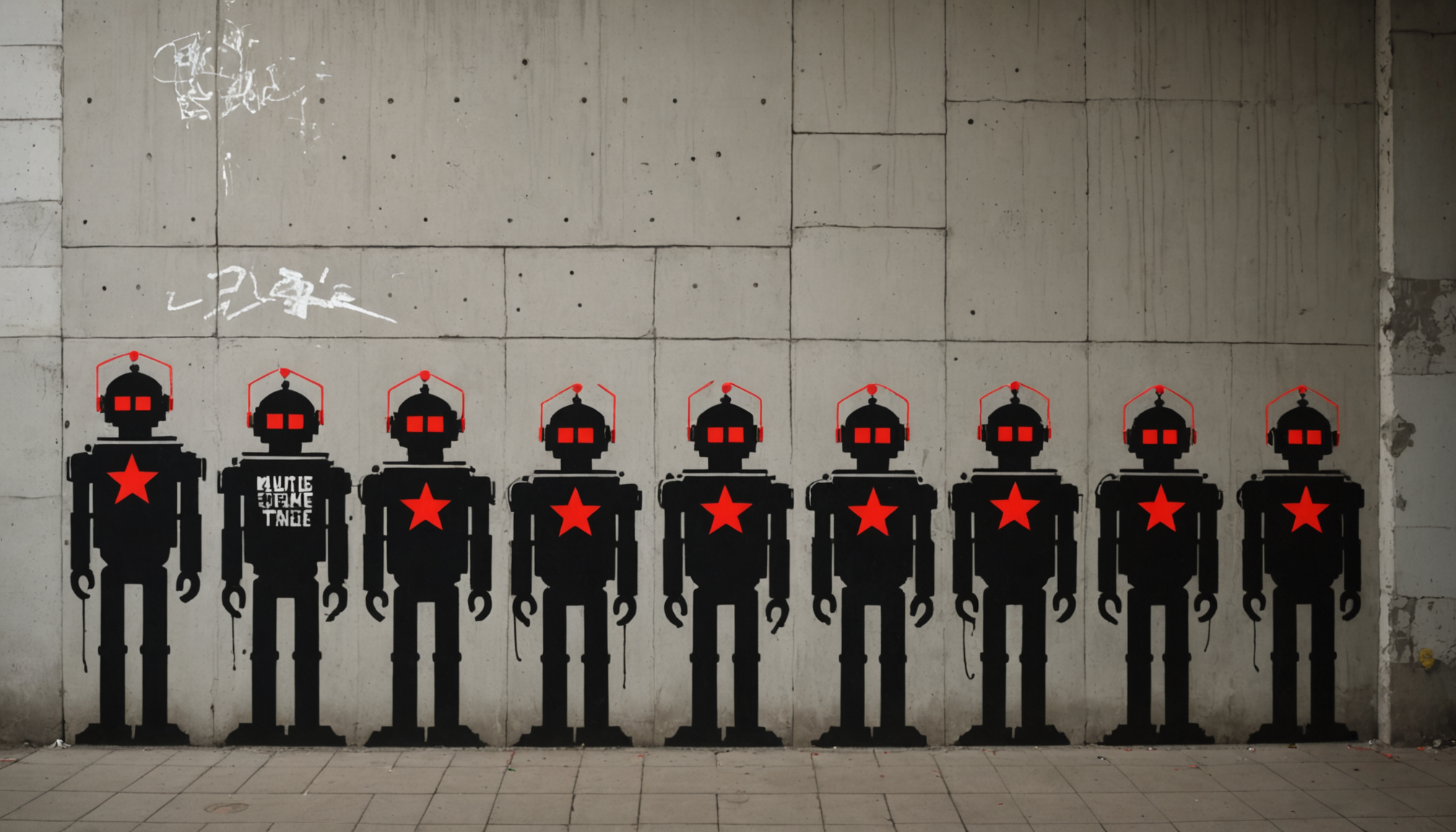 Stencil art of a row of robot agents